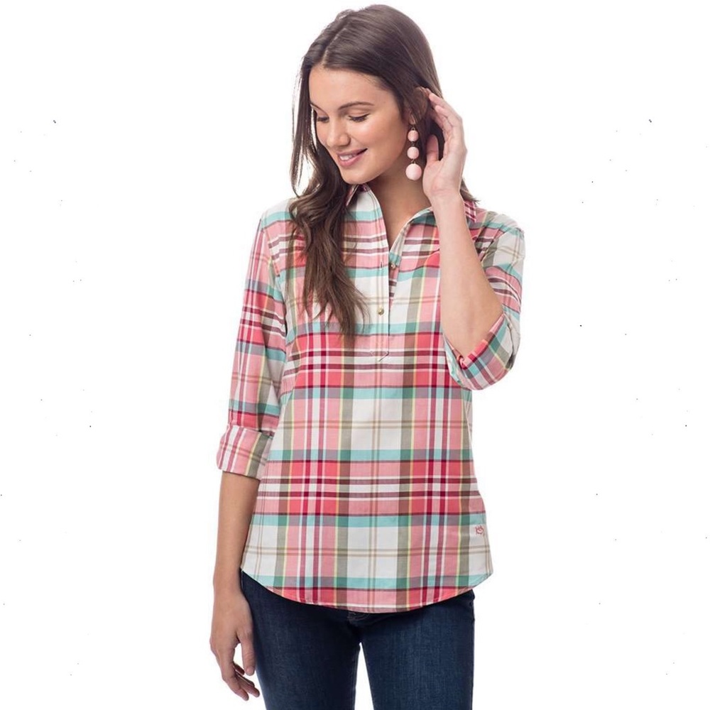 Southern Tide Mountain Plaid Hadley Popover Top